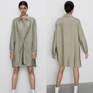 Zara Knotted Collar Shirt Dress in Green, size 8
